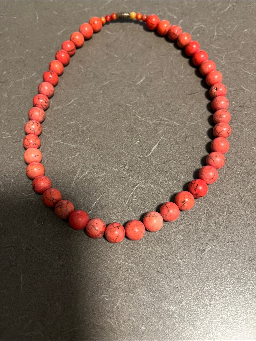 Vintage Coral Beaded Necklace with black and grey accents. 7” round